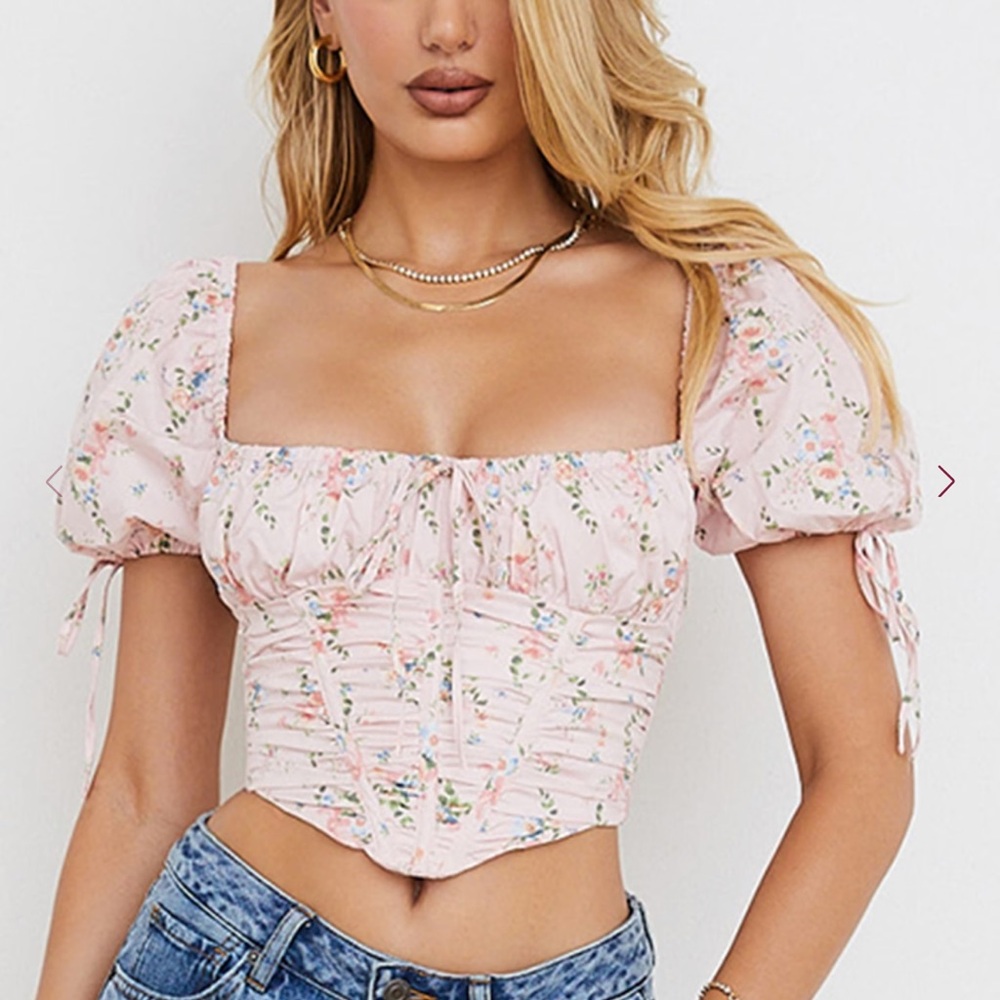 House of CB Pink Floral Ruched Puff-Sleeve Crop Top